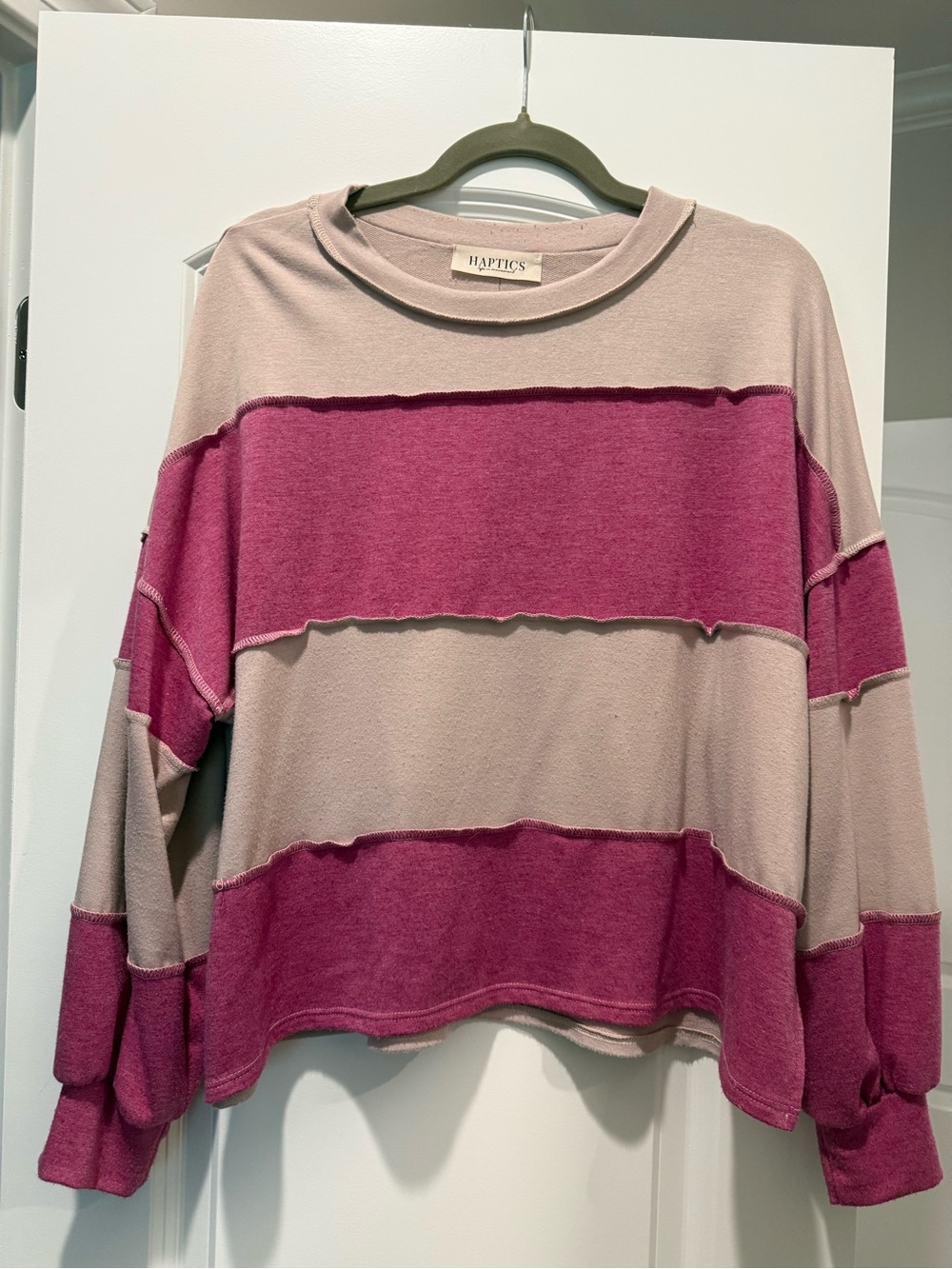 Haptics Pink & Tan Striped Long-Sleeve Top